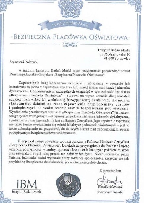 Certyfikat "Bezpieczna placówka"
