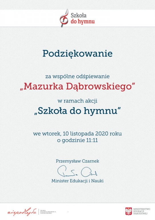 Podziękowanie za udział w "Szkoła do Hymnu"